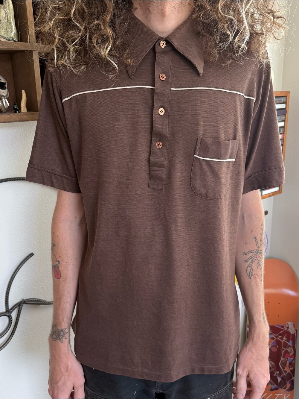 Vintage 70s Brown Short Sleeve Pocket Polo ~ Size Medium - Picture 2 of 10